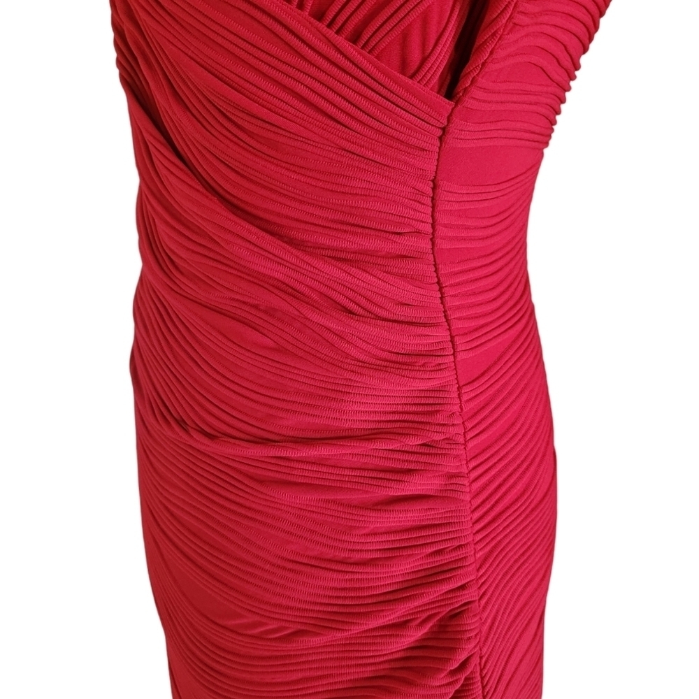Joseph Ribkoff Red Ruched Textured Faux Wrap‎ Dress - Picture 5 of 8